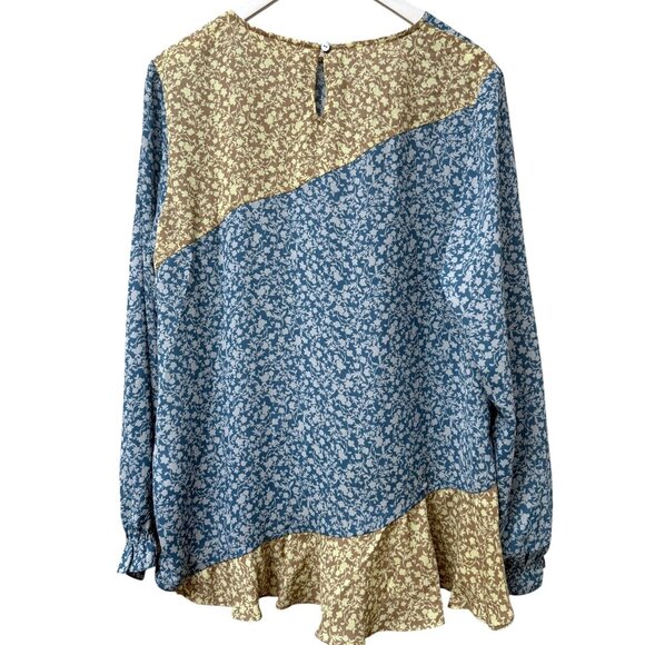 LOGO Lori Goldstein Blouse Large Blue Yellow Floral Ruffle Hem Boho Womens Top - Picture 2 of 7